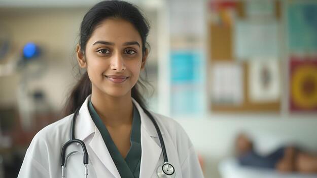 Female doctor wearing a white coat and stethoscope in a healthcare facility