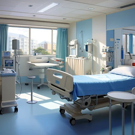 Modern hospital patient room with medical equipment and an adjustable hospital bed