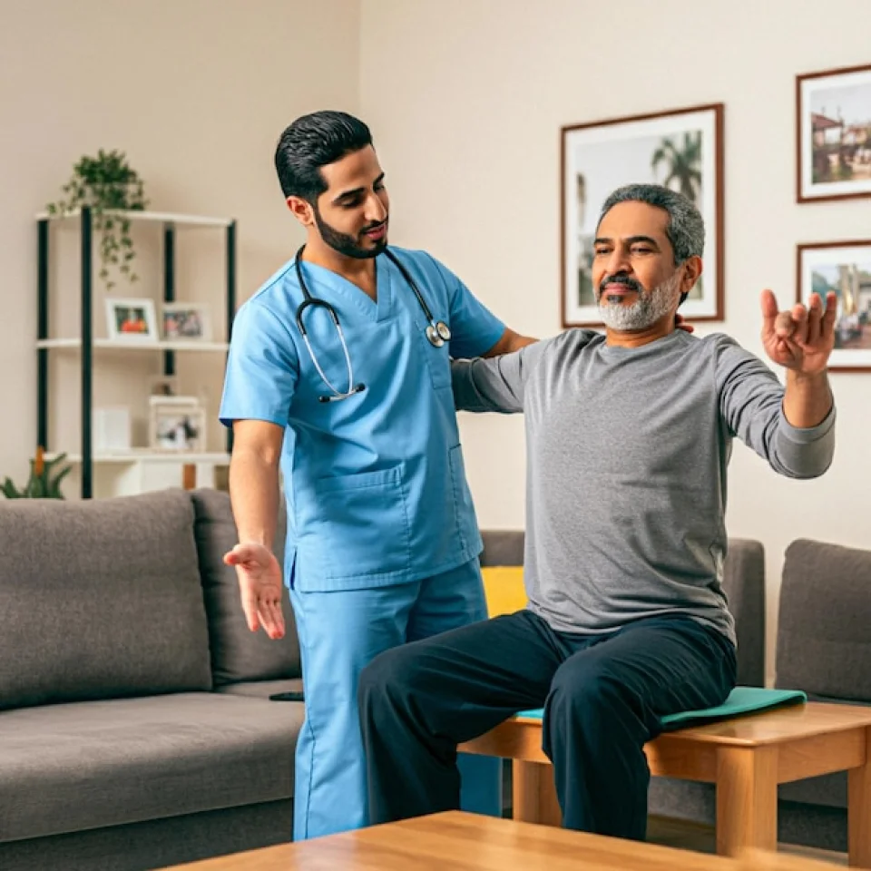 Physiotherapist assisting an adult man with seated exercises at home