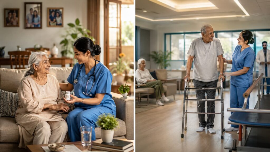 Home healthcare vs nursing home care comparison showing a senior woman receiving personalized care at home and an elderly man receiving rehabilitation support in a modern nursing home.
