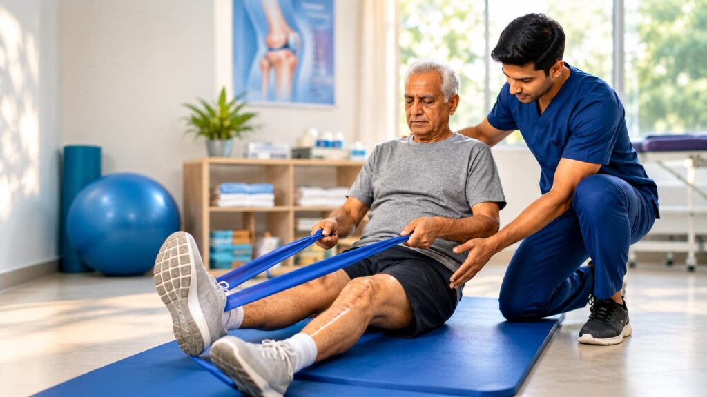 Older man performing knee rehabilitation exercise with a physiotherapist after knee replacement surgery in a clinic.