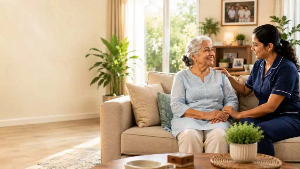 Professional home caregiver providing compassionate in-home care and emotional support to a smiling elderly woman in a bright, comfortable living room.