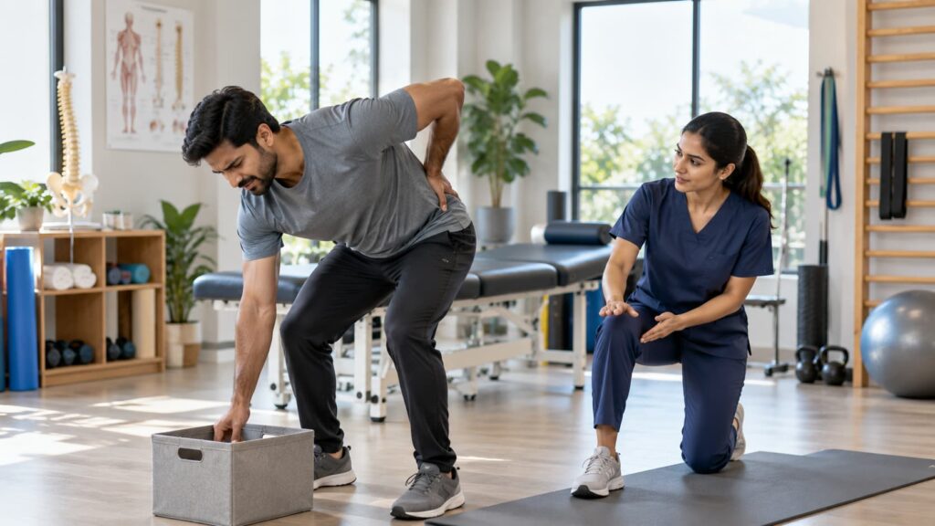 Physiotherapist helping an adult with lower back pain through a gentle exercise