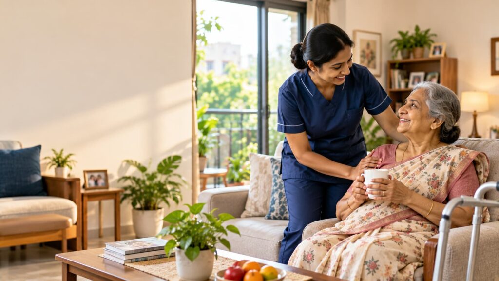 Senior receiving personalised home healthcare from a professional caregiver