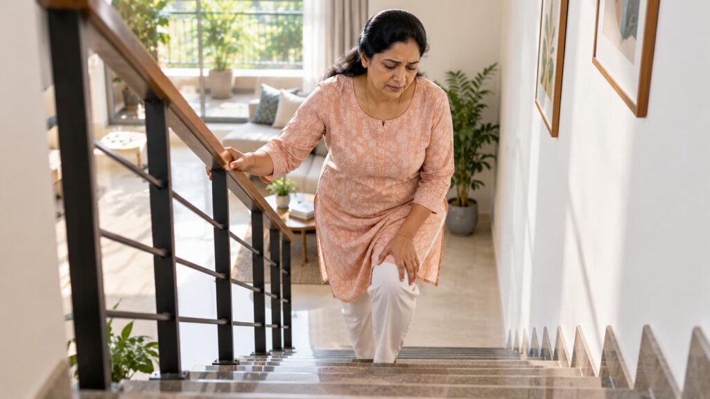Indian woman experiencing knee pain while climbing stairs