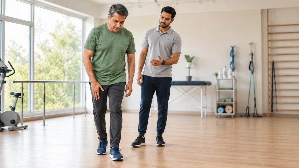 Middle-aged man walking with mild knee pain while a physiotherapist observes his movement in a modern clinic.