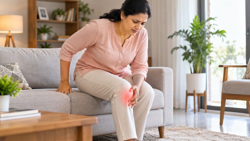 Adult experiencing knee stiffness while standing after sitting in a chair