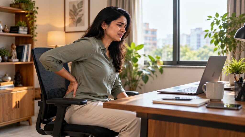 Indian adult experiencing lower back pain after prolonged sitting at a home office desk