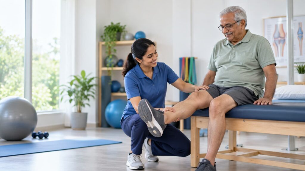Physiotherapist guiding an older adult through a knee arthritis rehabilitation exercise