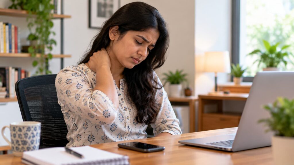 Young adult experiencing neck stiffness and shoulder discomfort near a smartphone
