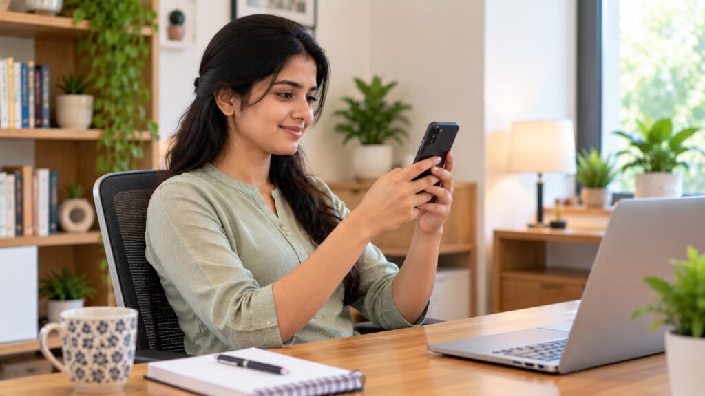 Adult holding a smartphone at eye level with a relaxed neck and shoulders