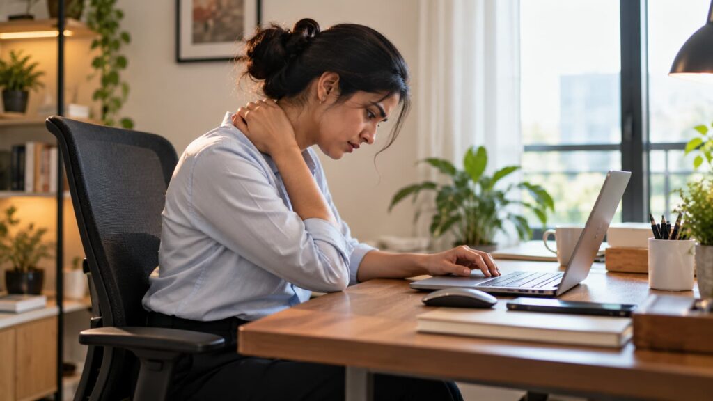 Neck pain from long hours at a desk while working on a laptop