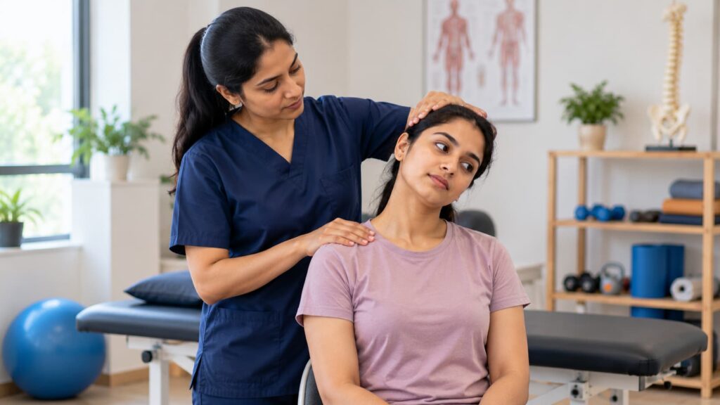 Physiotherapist assessing a patient's neck mobility in a clinic