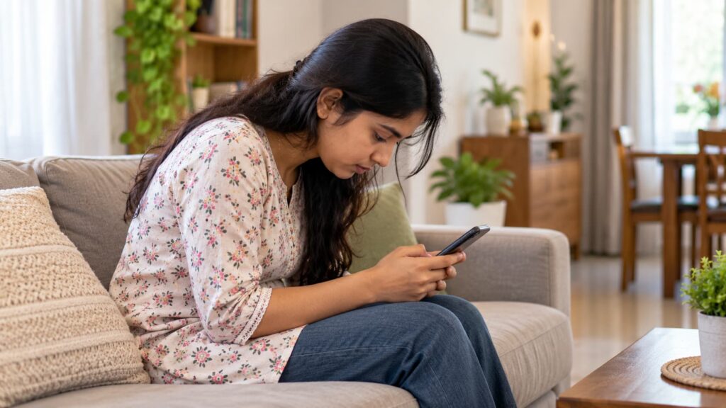 Young adult looking down at a smartphone in a forward-head posture